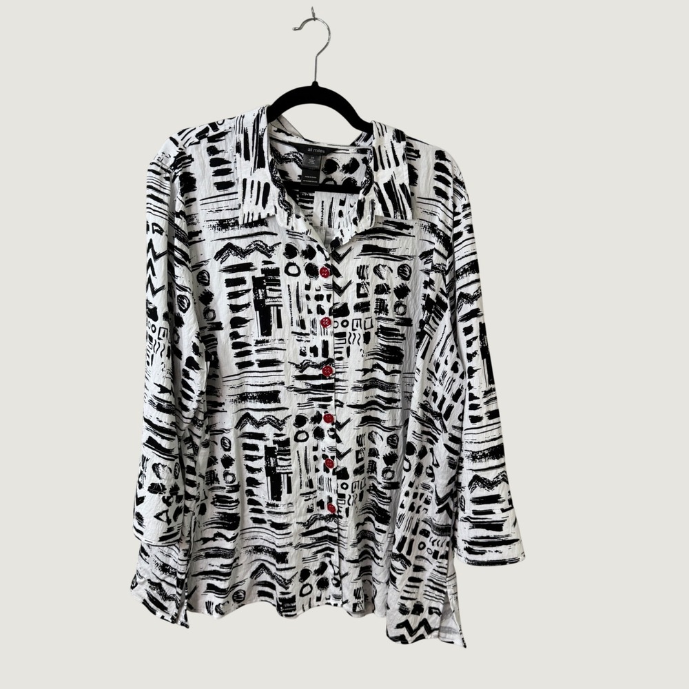 Ali Miles Abstract Button Up Shirt White Black Red Zip Detail 2X Artsy Fall Boho